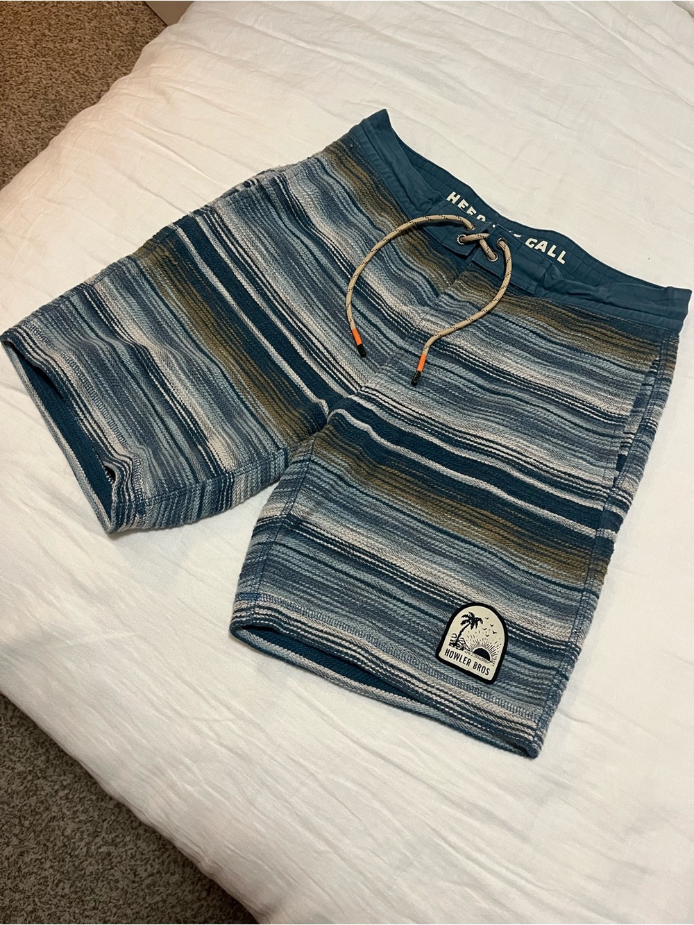 Howler Brothers Teal & Olive Striped Men’s Swim Board Shorts